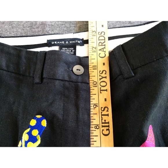 Deane & White 100% Linen‎ Pants Black Cropped Embroidered Flip Flops Womens 8 - Picture 16 of 16